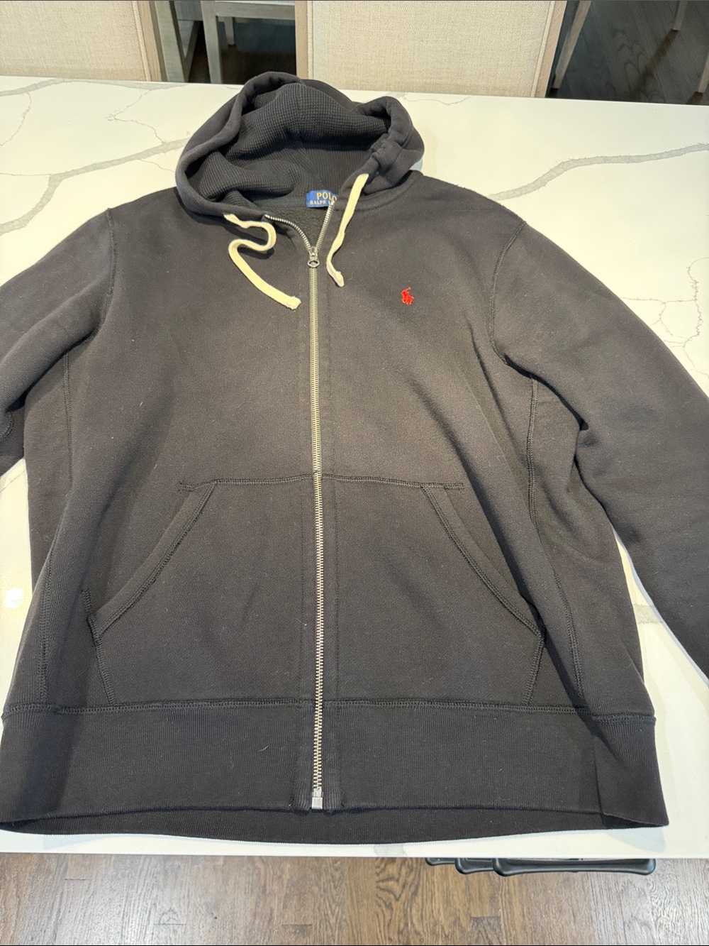 Polo by Ralph Lauren Black Zip-Up Hoodie with Red Pony and Cream Drawcords